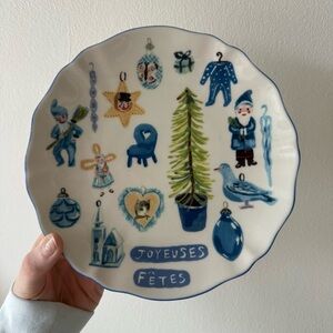 Anthropologie Nathalie Lete Blue White Holiday Christmas Joyeuses Fetes 8” Plate
